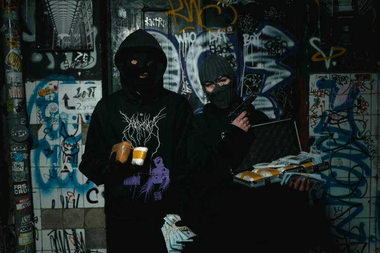 a couple of men standing next to each other, an album cover, unsplash, graffiti, black hood, snacks, robbery, witchcore clothes