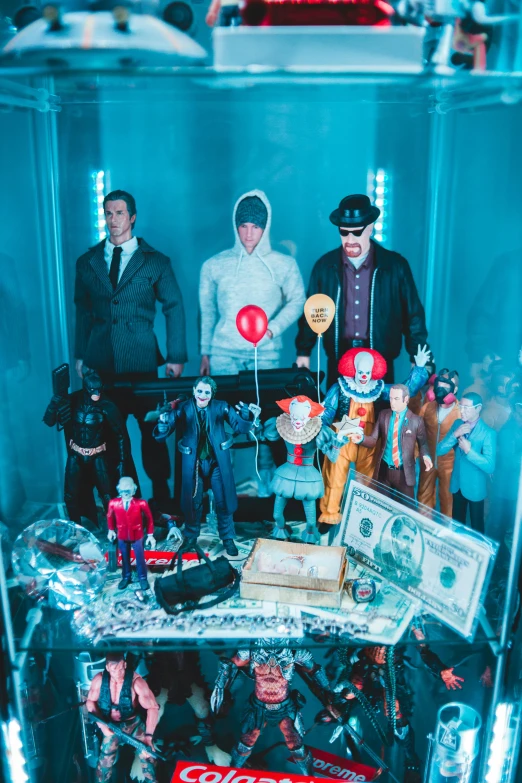 a group of action figures in a glass case, a hologram, unsplash, conceptual art, kevin mitnick as a bank robber, stephen king as pennywise, the purge, american gothic style