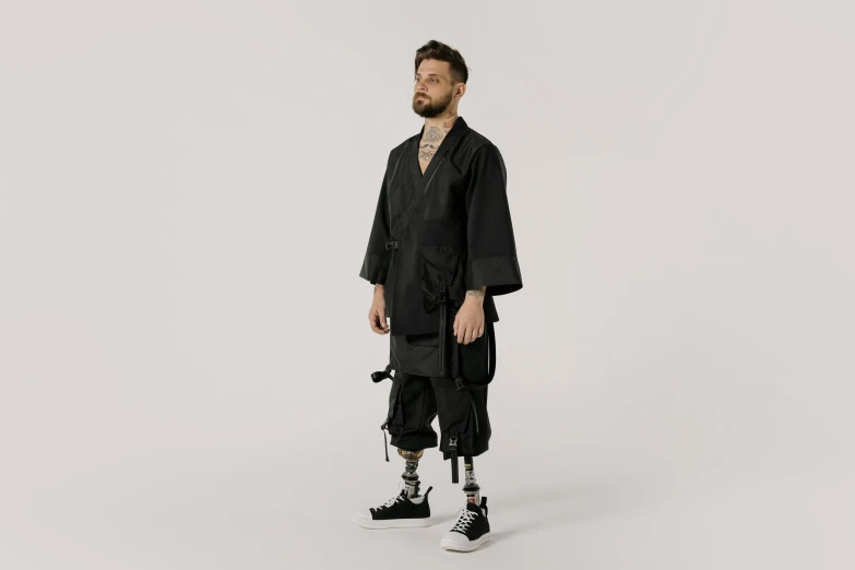 a man with a prosthetic prosthetic prosthetic prosthetic prosthetic prosthetic prosthetic, an album cover, inspired by Kanō Hōgai, unsplash, wearing hakama, lil peep, possibly extra limbs, portrait full body