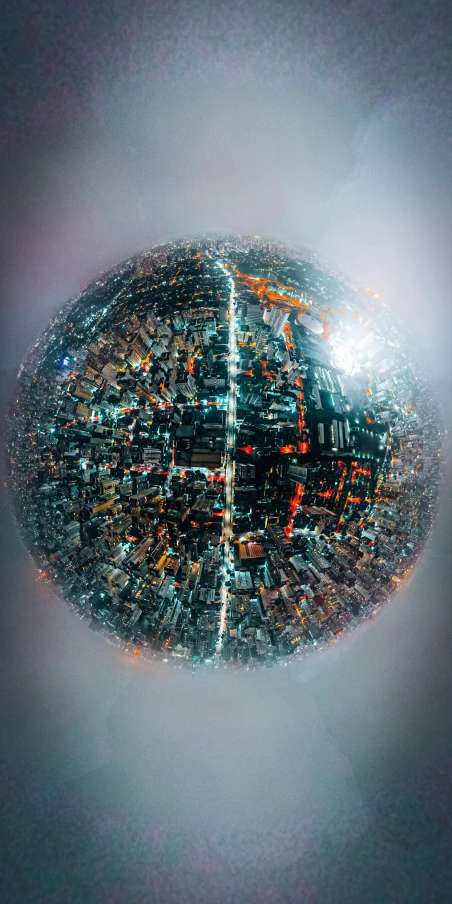 a close up of a sphere with a city in the background, by Beeple, unsplash contest winner, crowded and populated, mexico city, 360 degree view, covered in circuitry