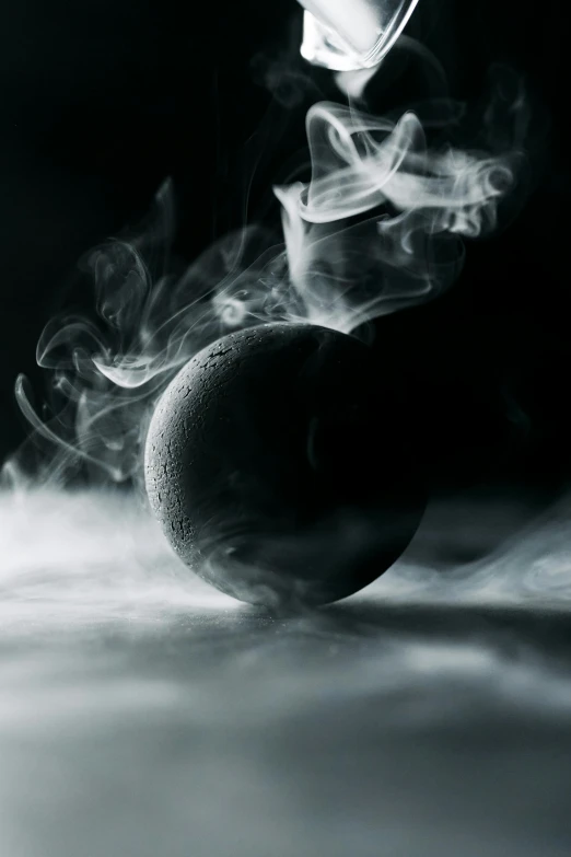 a black and white photo of smoke coming out of an egg, inspired by Kanō Naizen, unsplash contest winner, an alien fruit, mint, moonlit, dust and steam