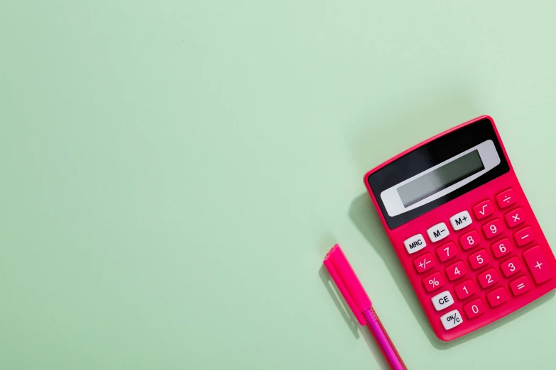 a red calculator next to a pink pencil, trending on pexels, green colored theme, mint, headshot, 15081959 21121991 01012000 4k