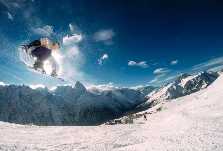 a man flying through the air while riding a snowboard, by Peter Churcher, cinematic image, panorama, shot on hasselblad, high class