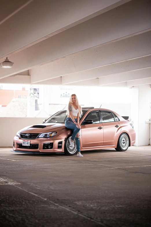 a woman sitting on top of a pink car, wrx golf, brushed rose gold car paint, street pic, bronze!! (eos 5ds r