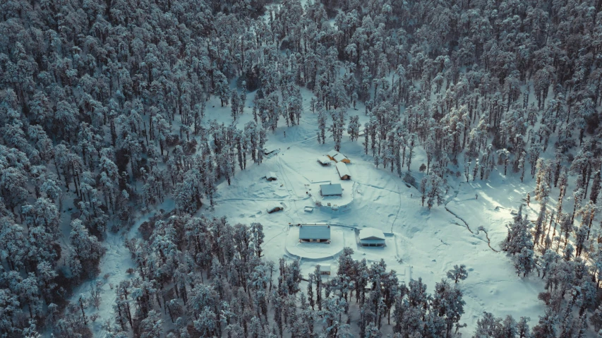 a snow covered forest filled with lots of trees, hurufiyya, helipad, hut, grey, aerial