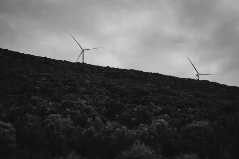 a black and white photo of wind turbines on a hill, unsplash, purism, black and white artistic photo, #green, gloomy weather. high quality, untitled