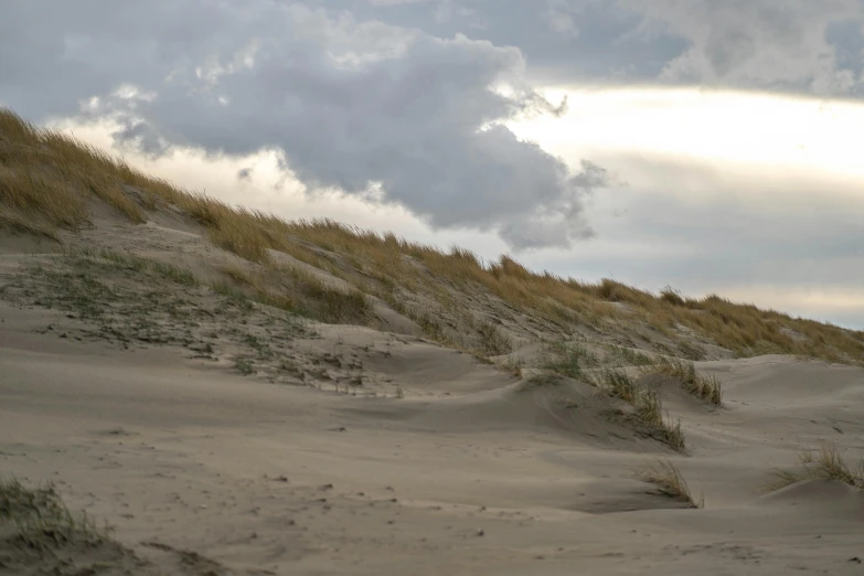 a man riding a surfboard on top of a sandy beach, by Colijn de Coter, unsplash, land art, gray clouds, on dune, late summer evening, seen from a distance