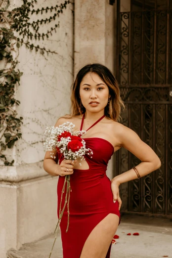 a woman in a red dress holding a bunch of flowers, inspired by Ruth Jên, pexels contest winner, looking seductive, asian descent, tight dress, instagram post
