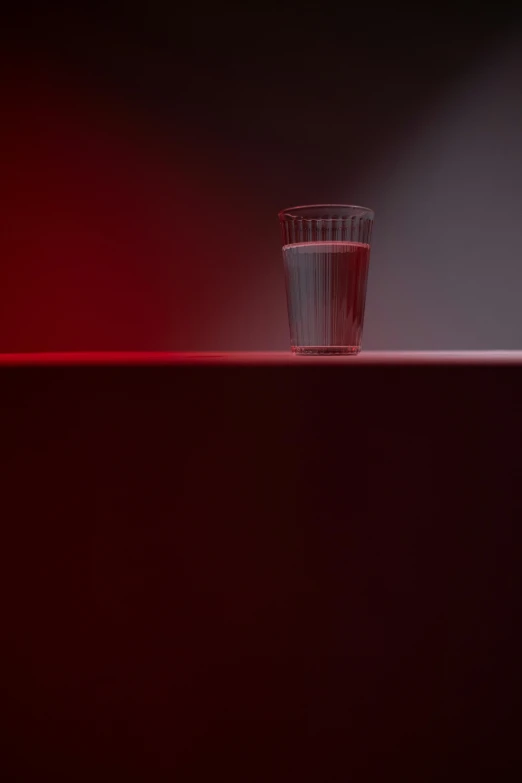 a glass of water sitting on top of a counter, by Jean-Yves Couliou, volumetric lighting. red, paper cup, red stripe, alessio albi