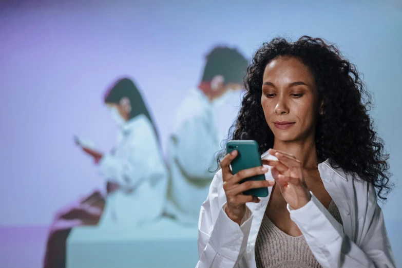 a woman is looking at her cell phone, hyperrealism, ai researcher, at netflix, healthcare worker, avatar image