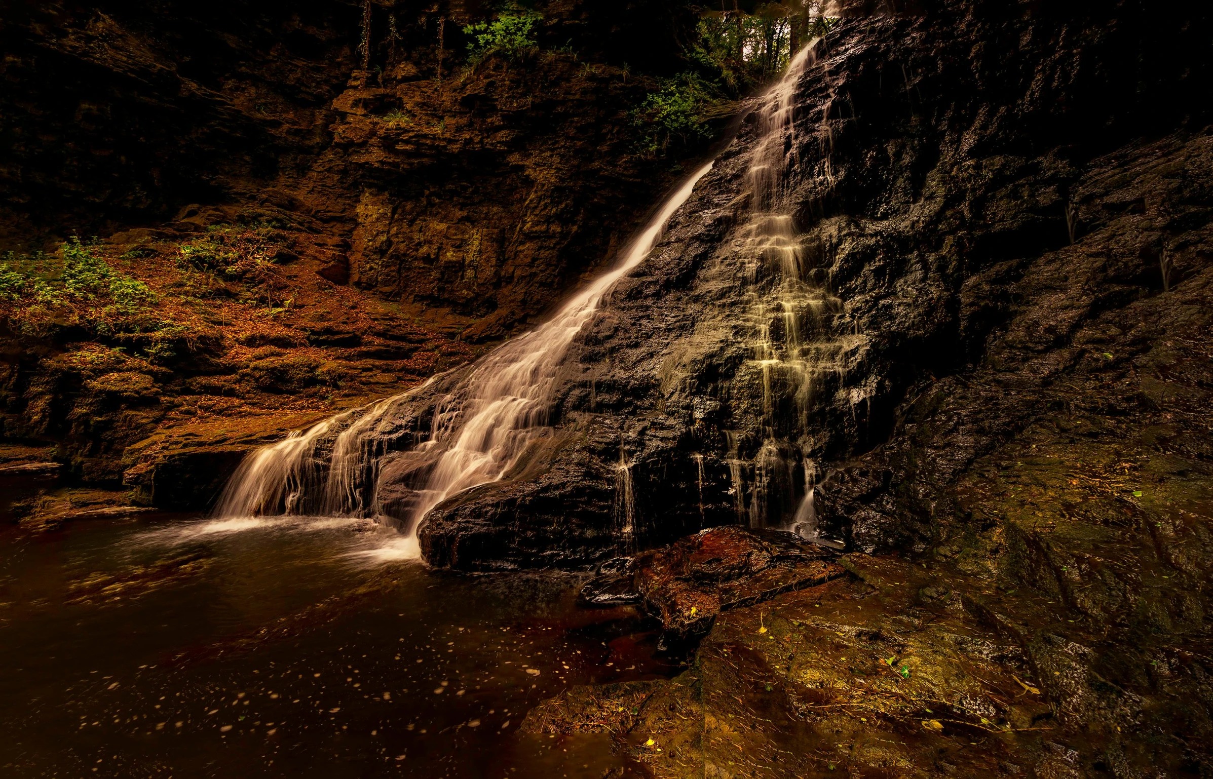 a waterfall in the middle of a forest, by Daniel Seghers, pexels contest winner, renaissance, brown water, rocky cliff, thumbnail, ground - level medium shot