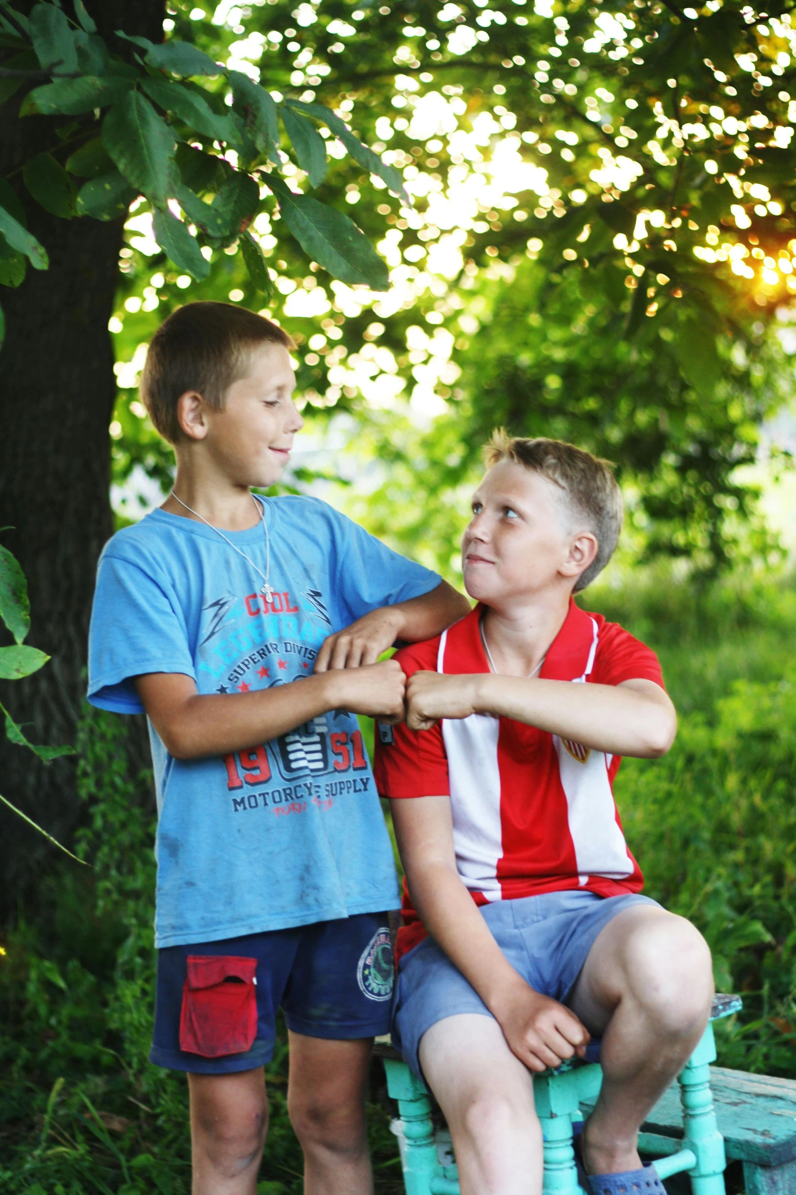 two young boys are sitting on a bench, a picture, by Henryka Beyer, pexels, romanticism, sitting on a tree, 15081959 21121991 01012000 4k, excited russians, summer camp