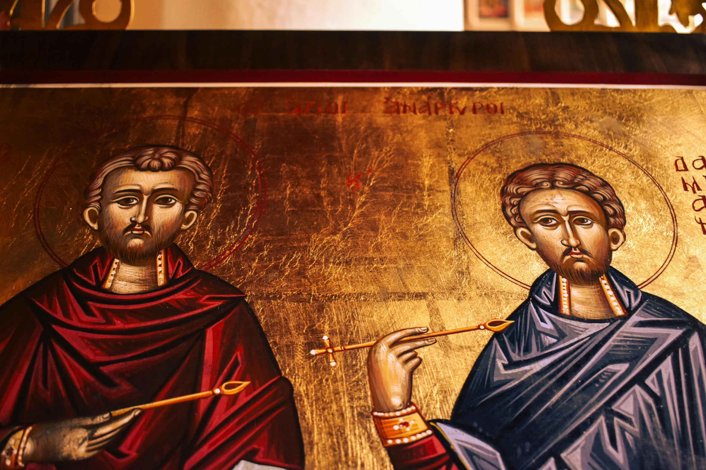 a painting of two men standing next to each other, a detailed painting, trending on unsplash, orthodox icons, avatar image, gilding, brown