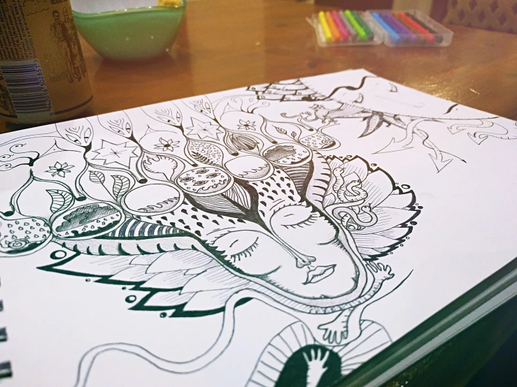 a drawing book sitting on top of a wooden table, an ink drawing, by Maksimilijan Vanka, behance contest winner, process art, psychedelic colouring, intricate beautiful faces, clean coloring book page, dreamy and detailed