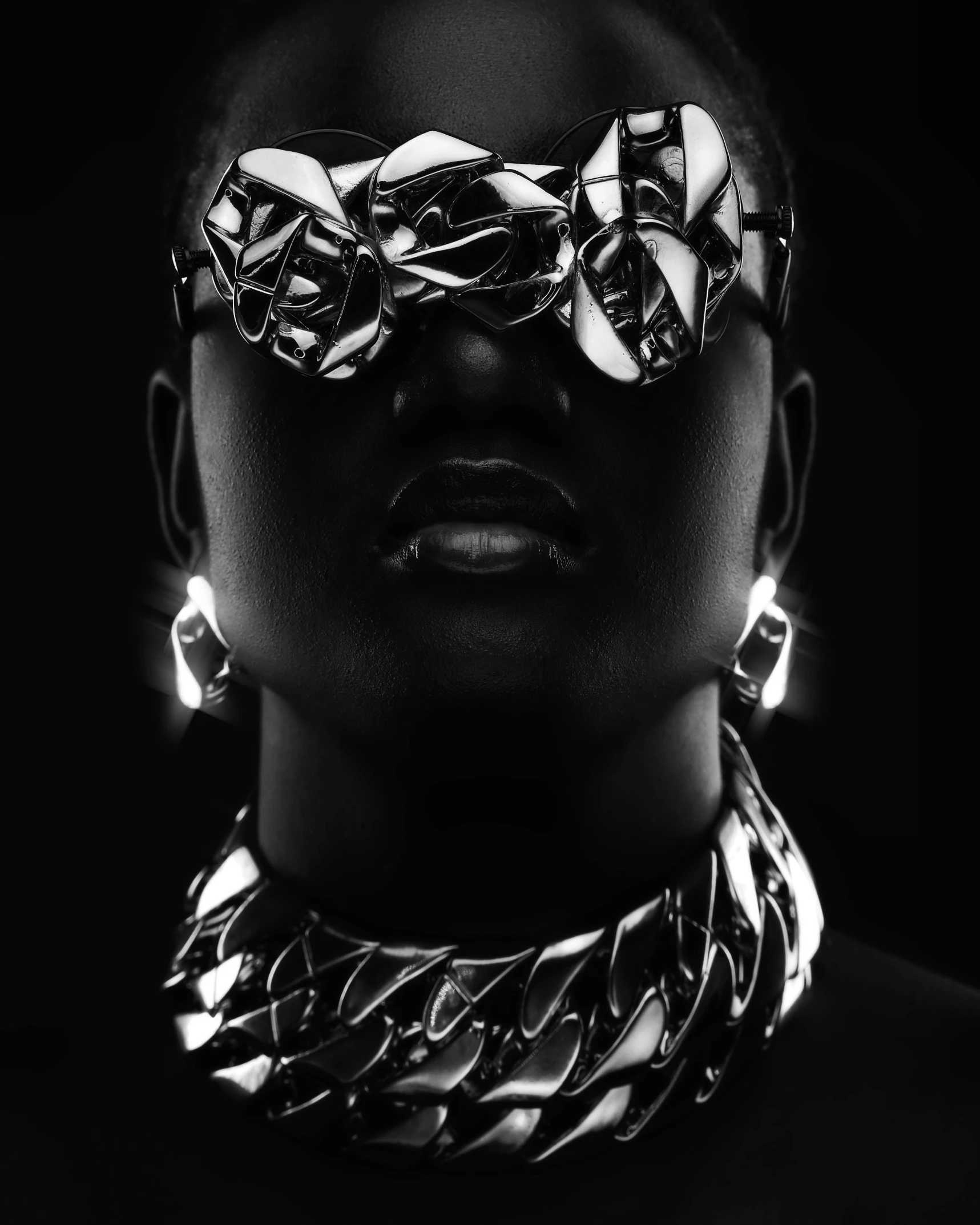 a woman with a chain around her neck, an album cover, by Sergio Burzi, unsplash, afrofuturism, rapper bling jewelry, dominant shades of black, diamond plated superhero, photography of albert watson