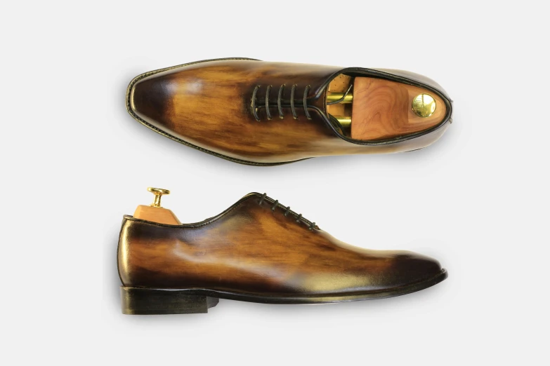 a pair of brown shoes on a white background, a digital rendering, inspired by Gaetano Sabatini, trending on pixabay, baroque, gradient yellow, polished with visible wood grain, instagram post, full body and head view