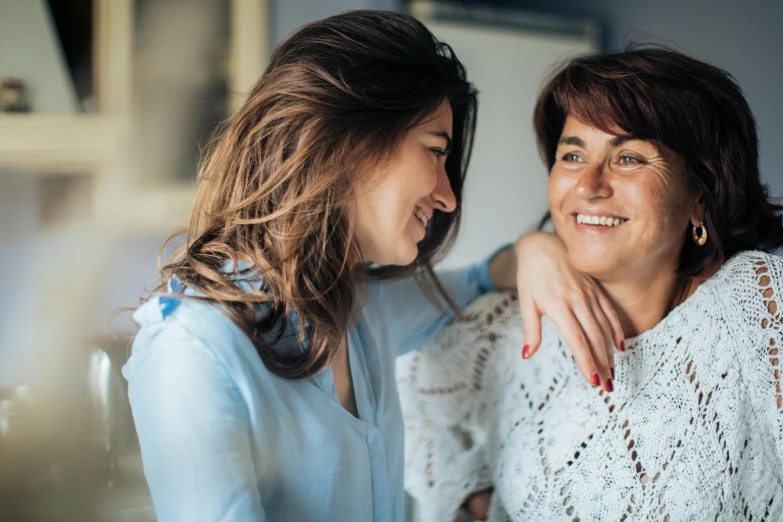 a couple of women standing next to each other, a photo, pexels contest winner, renaissance, smiling at each other, motherly, 15081959 21121991 01012000 4k, woman with braided brown hair