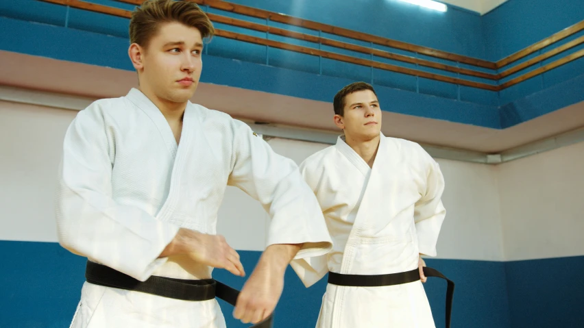 a couple of men standing next to each other, inspired by Kanō Shōsenin, shutterstock, white belt, athletic footage