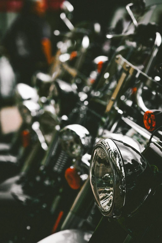 a row of motorcycles parked next to each other, pexels contest winner, made out of shiny silver, close up head shot, 🚿🗝📝