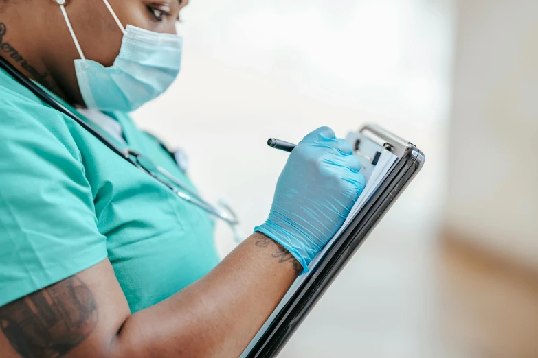 a nurse writing on a clipboard with a stethoscope, trending on pexels, masked person in corner, thumbnail, looking off to the side, diverse