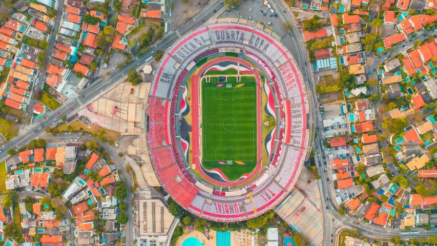 an aerial view of a soccer stadium, by Daniel Lieske, pexels contest winner, conceptual art, guanajuato, a colorful, full body image, 🚿🗝📝