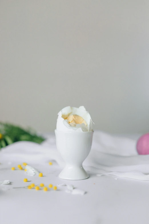 an egg sitting on top of a white table, ice cream on the side, petals, product display photograph, linen