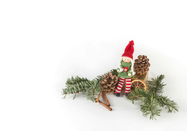 a christmas ornament sitting on top of a pine branch, a picture, pexels, folk art, dwarf, on white, snacks, 1 4 9 3