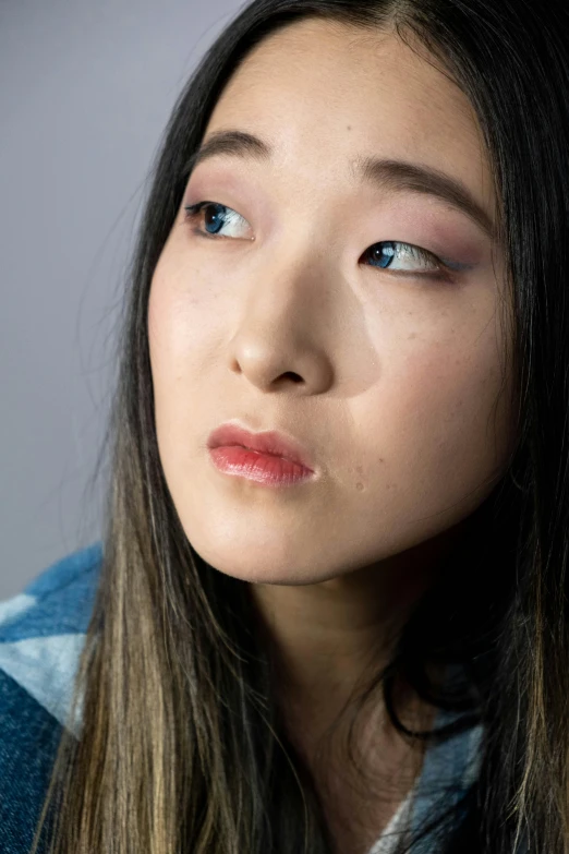 a close up of a person with long hair, inspired by Kim Tschang Yeul, evening makeup, rosy cheeks, pouting, jen zee