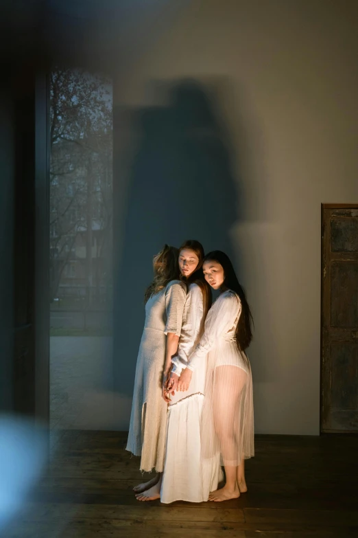 a couple of women standing next to each other, inspired by Vanessa Beecroft, unsplash, renaissance, soft light from the window, three women, beautiful!!!! museum photo, wearing long gown