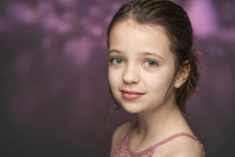 a young girl in a pink dress posing for a picture, a character portrait, by Ruth Simpson, pexels contest winner, studio lighting, headshot profile picture, purple - tinted, various posed