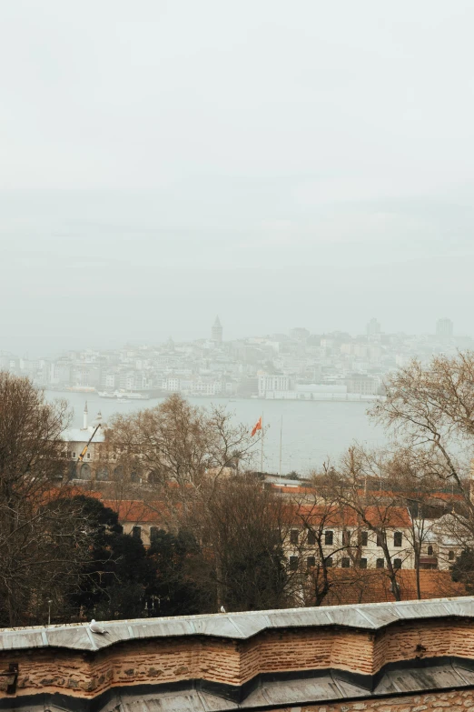 a man flying a kite on top of a roof, a matte painting, inspired by Elsa Bleda, pexels contest winner, istanbul, foggy day outside, panorama distant view, winter