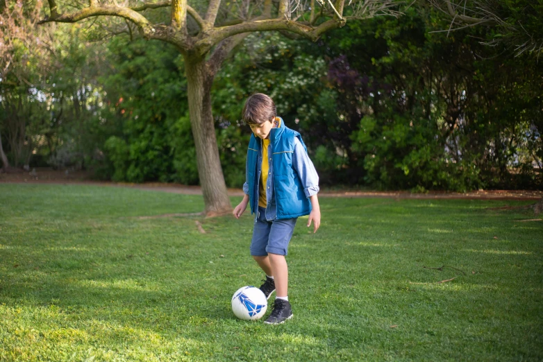 a little boy that is standing in the grass with a soccer ball, wearing blue jacket, photograph taken in 2 0 2 0, wearing nanotech honeycomb robe, playing games