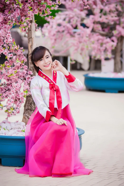 a woman in a pink dress sitting under a tree, inspired by Kim Jeong-hui, instagram, happening, wearing authentic attire, in front of white back drop, wearing jacket and skirt, crimson themed