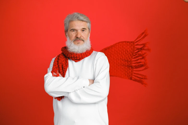 a man in a white shirt and red scarf, inspired by Petrus Christus, pexels, gray haired, avatar image, wearing festive clothing, red sport clothing