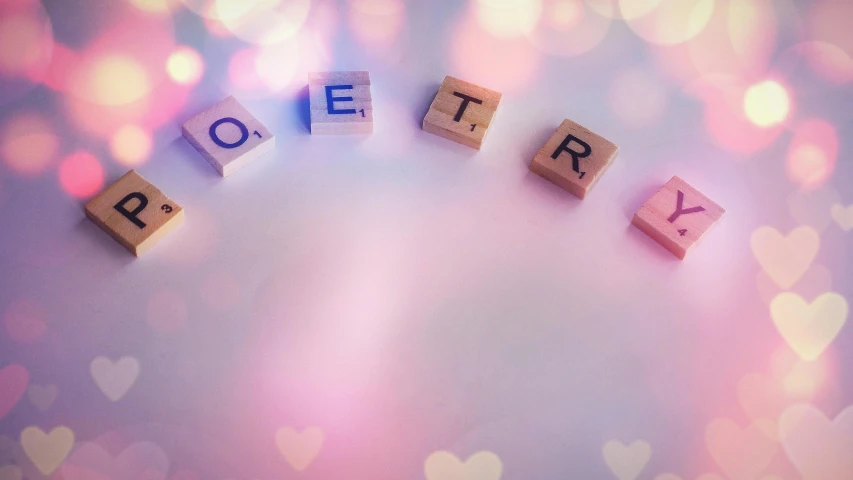 wooden blocks spelling poetry with hearts in the background, by Joze Ciuha, pexels contest winner, letterism, opal statues, tiny stars, 🚿🗝📝