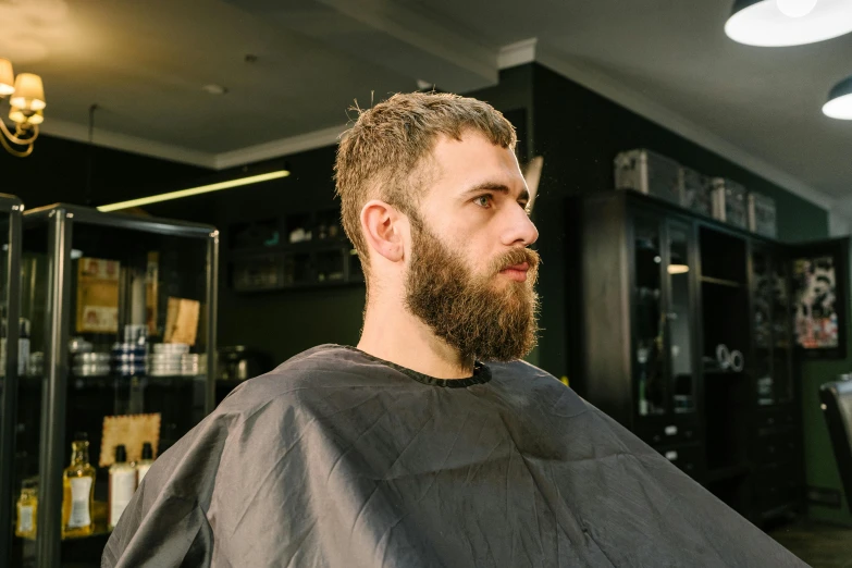 a man getting his hair cut at a barber shop, a character portrait, pexels contest winner, short dark blond beard, looking to the side off camera, lachlan bailey, silver full beard