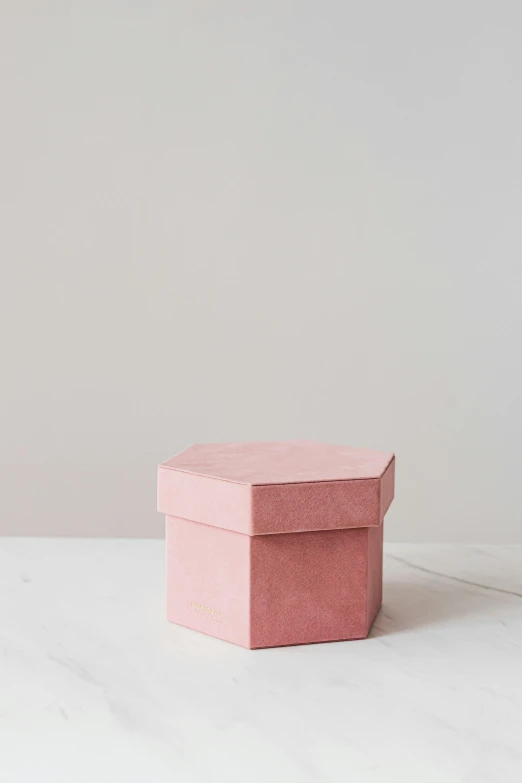 a pink box sitting on top of a white table, by Eden Box, conceptual art, hexagonal shaped, papier - mache, on textured base; store website, simple form