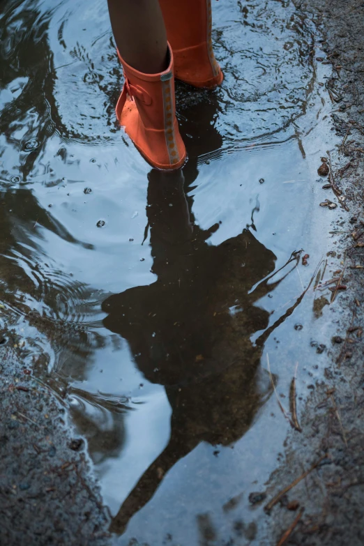 a person standing in a puddle with an umbrella, dark grey and orange colours, “ iron bark, zoomed in, water reflection