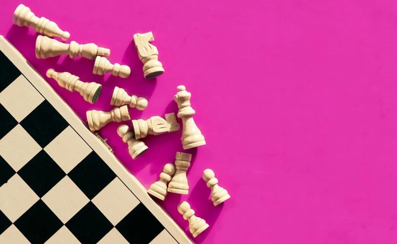 a group of chess pieces sitting on top of a checkered board, an album cover, pexels contest winner, hot pink, knolling, pink background, no - text no - logo