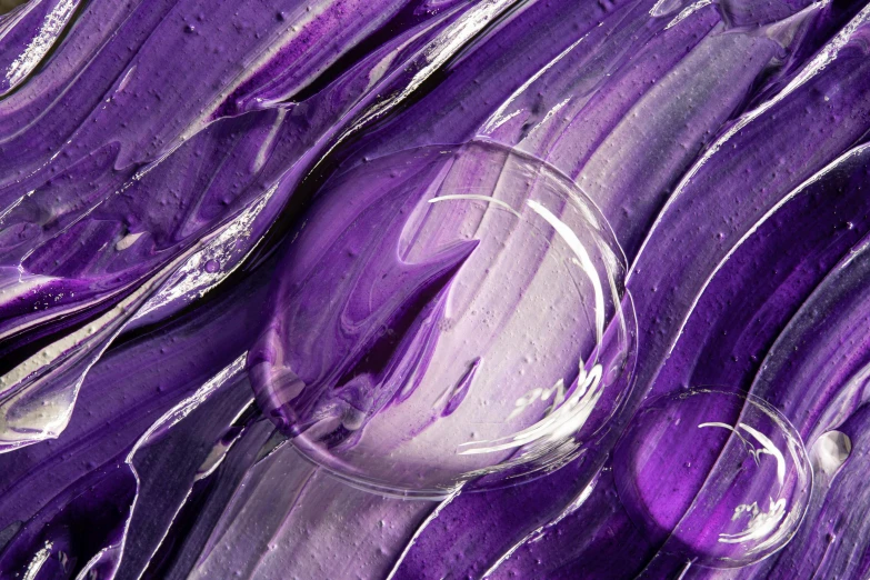 a close up of a glass object on a purple surface, a photorealistic painting, inspired by An Gyeon, trending on pexels, process art, organic liquid textures, purple roofs, paint on canvas, purple tubes