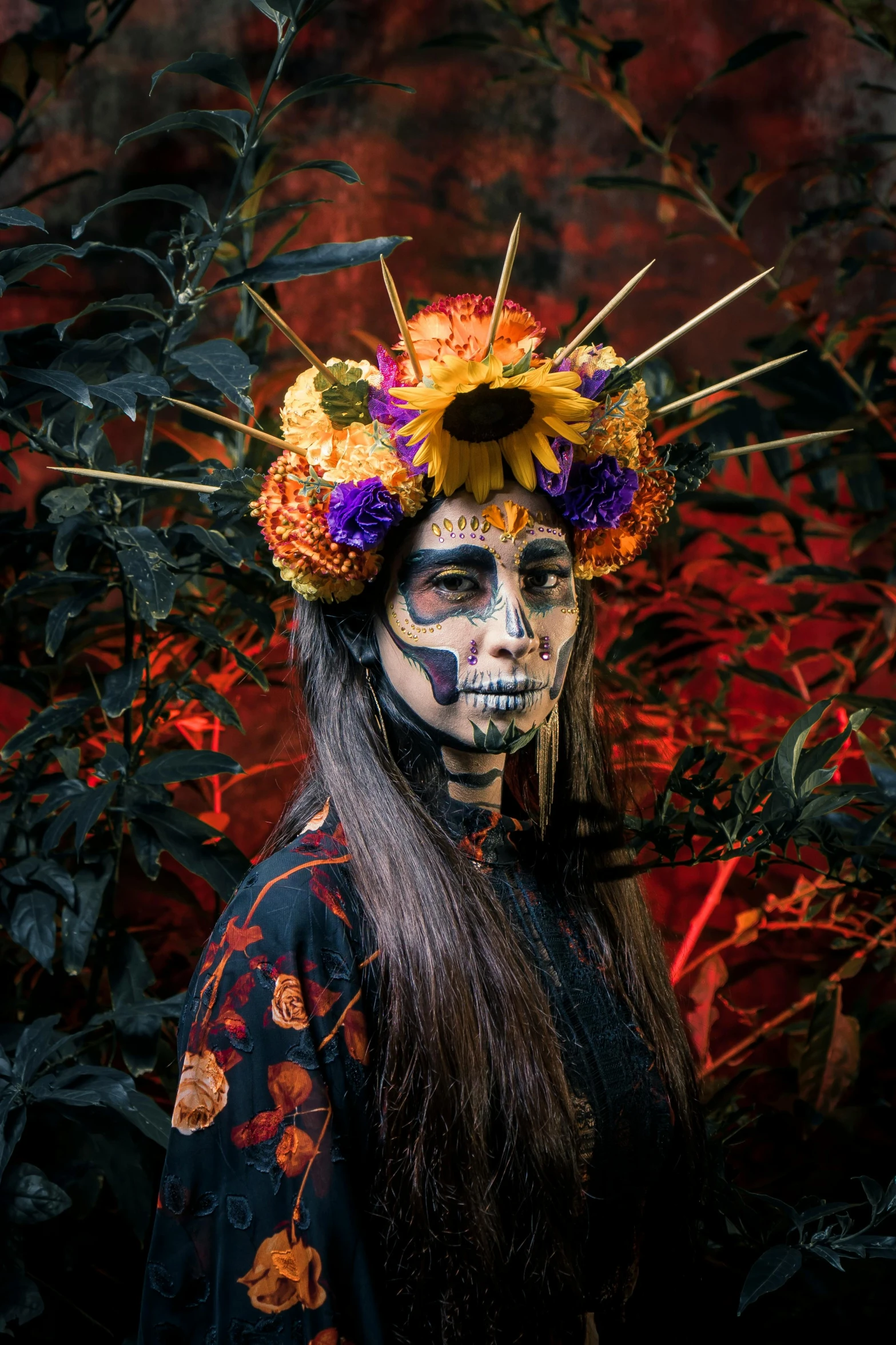 a woman with a flower crown on her head, inspired by Kahlo, pexels contest winner, wearing a skeleton armor, a flaming forest, portrait mode, mexican
