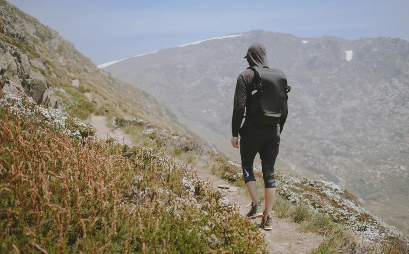 a person walking on a trail in the mountains, neoprene, avatar image, manuka, with his back turned