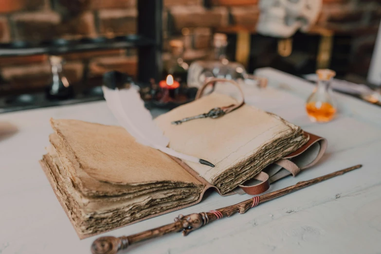 an open book sitting on top of a table, pexels contest winner, parchment, holding wand, gourmet and crafts, full-body