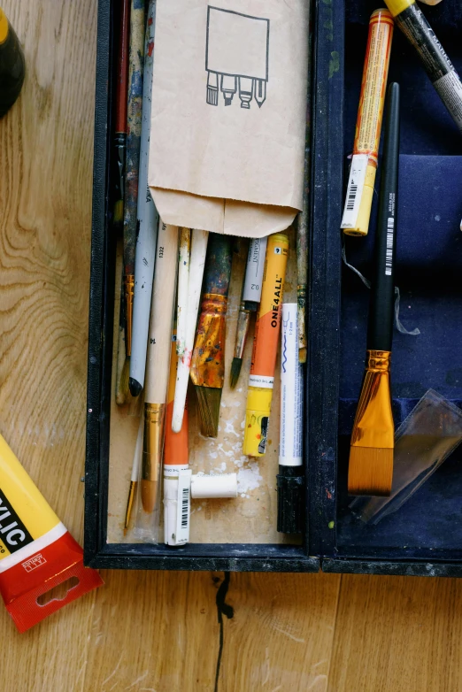 a box filled with tools sitting on top of a wooden floor, a photorealistic painting, unsplash, arbeitsrat für kunst, vhs colour photography, long paint brush strokes, 1999 photograph, close - up photograph