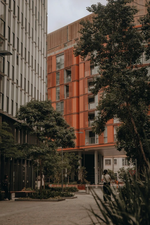 a couple of buildings that are next to each other, pexels contest winner, modernism, forest city streets behind her, brown, low quality photo, portrait shot 8 k