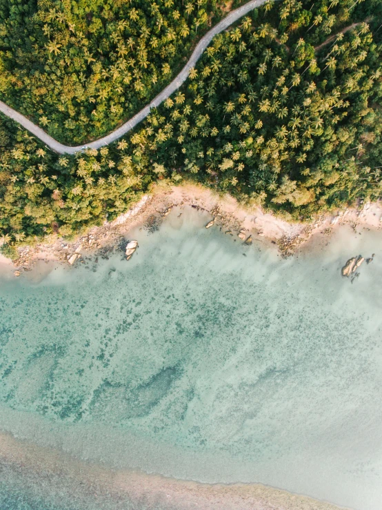 an aerial view of a road next to a body of water, by Robbie Trevino, unsplash contest winner, sumatraism, beach and tropical vegetation, thumbnail, crystal clear sea, helicopter view