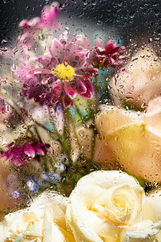 a bunch of flowers sitting on top of a window, a photorealistic painting, inspired by Stanley Spencer, trending on unsplash, romanticism, covered in water drops, face submerged in colorful oils, opalescent mist, detail shot