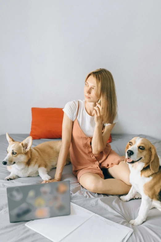 a woman sitting on top of a bed next to two dogs, trending on pexels, rectangle, snacks, apprehensive mood, cute beagle