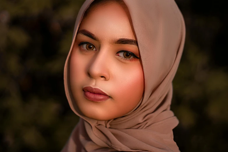 a close up of a woman wearing a headscarf, a character portrait, by Basuki Abdullah, pexels contest winner, hyperrealism, ( ( brown skin ) ), light skin tone, islamic, handsome girl