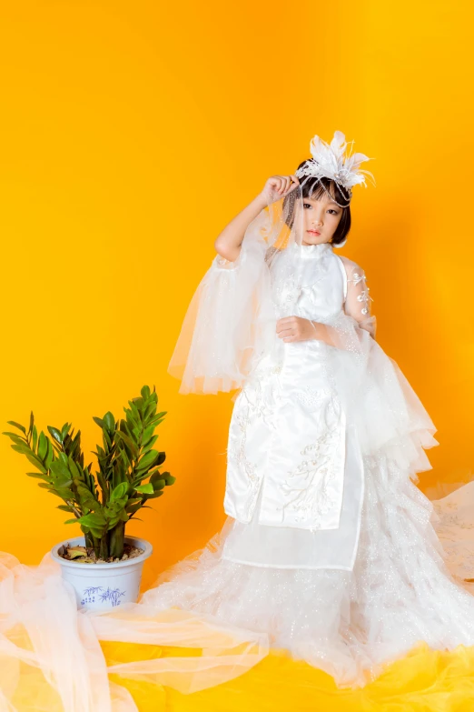 a little girl in a wedding dress standing next to a potted plant, an album cover, inspired by Huang Ji, rococo, official store photo, wearing authentic attire, cheongsam, white monochrome color!!!!!